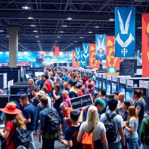 A lively AggieCon 54 convention scene with cosplayers and gaming activities