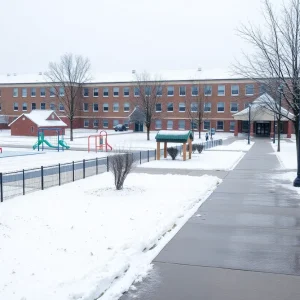 Snow-covered College Station school campus