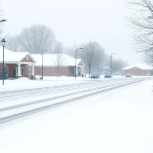Closed school buildings surrounded by snow