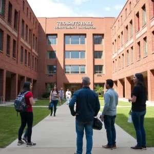 Students discussing Heldenfels Hall at Texas A&M University