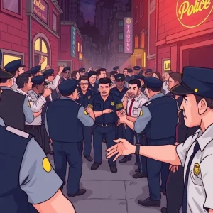 Illustration of a security incident involving police and security guards at a nightclub.
