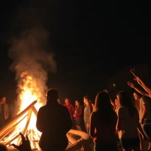 Texas A&M students gathered around a large bonfire