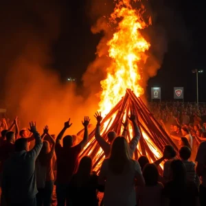 Students gathered around the Texas A&M Bonfire amidst a festive atmosphere.