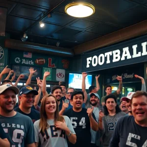 Dedicated fans cheering for Texas A&M football in a lively pub atmosphere