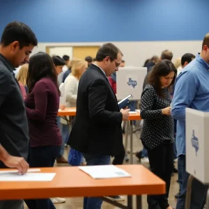 Voters in Texas polling place with new voting equipment