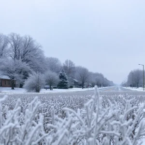 Snow-covered street in Bryan-College Station during the winter storm