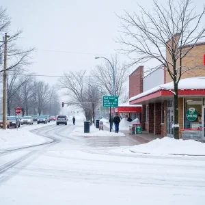 Snow-covered street in Bryan-College Station during winter storm