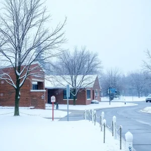 Snow-covered school with a closed sign in Bryan and College Station