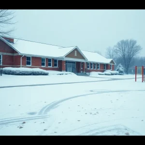Snow-covered school building during winter weather