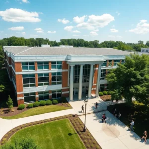 Newly opened Blinn College Administration Building with students nearby.