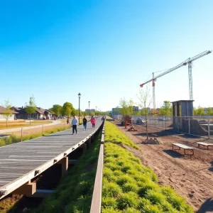 Construction of the Bryan City Park Boardwalk with families enjoying the park.