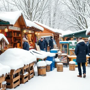 Artisan market booths in a wintery scene with snow.
