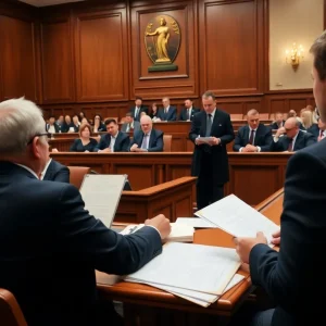 Courtroom scene in College Station during plea agreements