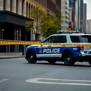 Police car at a crime scene with caution tape