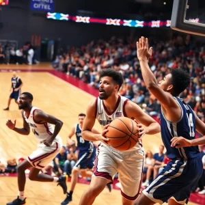 Players competing in a St. Edward’s University basketball game.