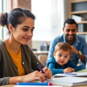 College students studying with their children in a supportive environment