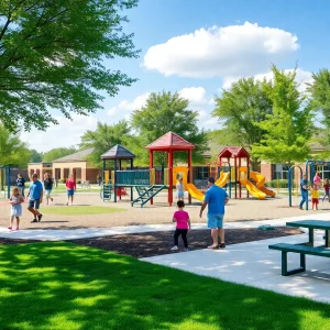 Families enjoying an outdoor park in College Station with modern play equipment and green spaces.