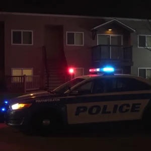 Police car parked outside Sandy Creek Apartments at night.