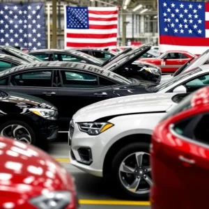 Assembly line of cars with American flag in the background