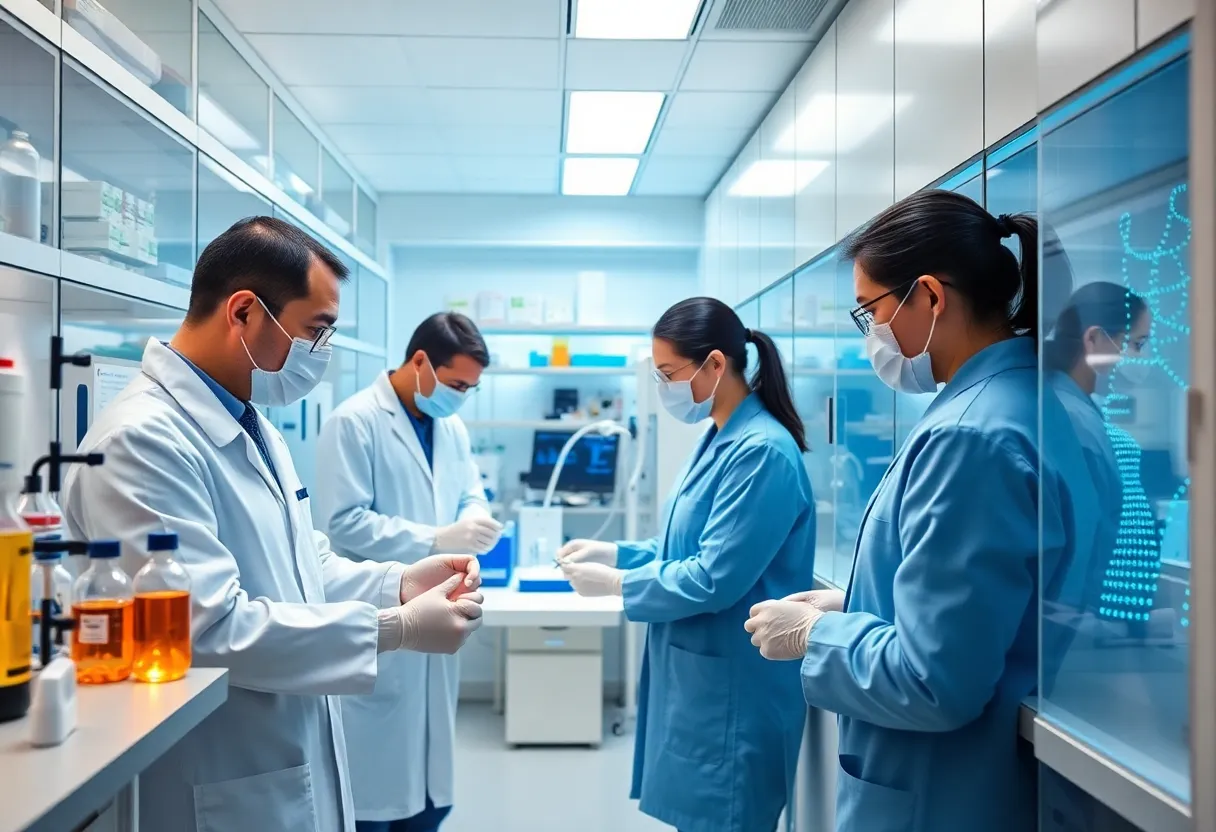 Scientists collaborating in a state-of-the-art biotechnology facility for pediatric research.