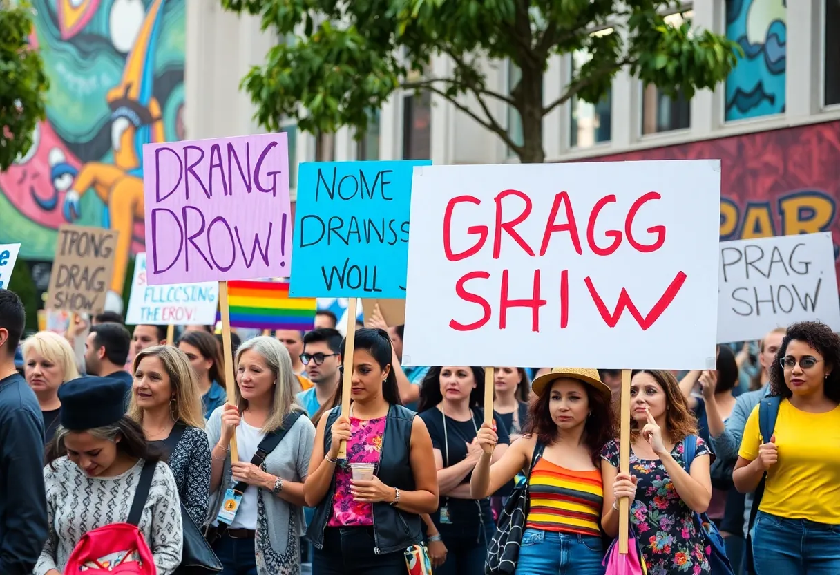 Participants at the drag protest in College Station holding colorful signs.