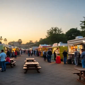 Crowd enjoying food trucks at Food Truck Wednesdays event.