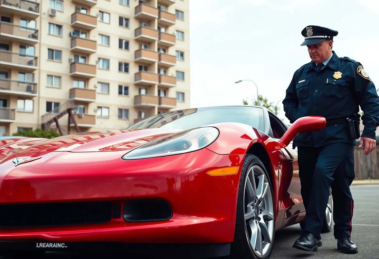 Police examining a red Corvette involved in a theft case