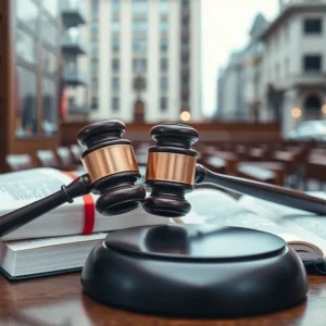 Courtroom scene with a gavel and law books