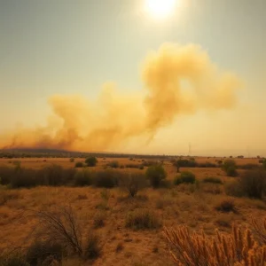 A picturesque view of Denton showcasing sunny skies mixed with wind elements indicating fire danger.
