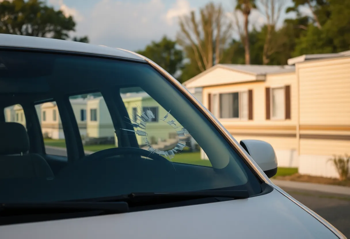 Scene of a mobile home park indicating a recent domestic disturbance.