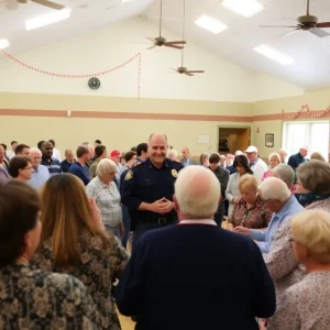 Community event celebrating Officer Smith's retirement with guests mingling.