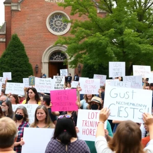 Protesters gathering outside a church in College Station, Texas.