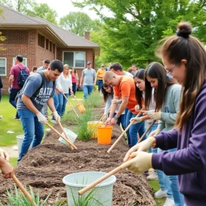 Students engaged in community service during The Big Event at Texas A&M.