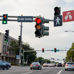 New traffic lights and pedestrian pathways at a busy intersection in College Station.