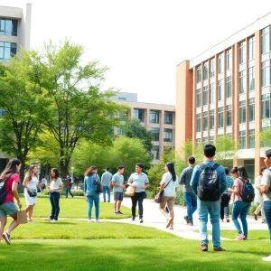 Students on a university campus engaged in learning and collaboration.