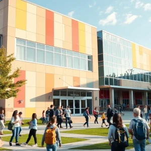 Modern campus of Bryan High School filled with students.