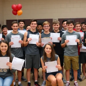 Athletes celebrating National Signing Day at College Station High School