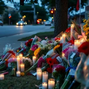 Community memorial with candles and flowers in Bryan, Texas