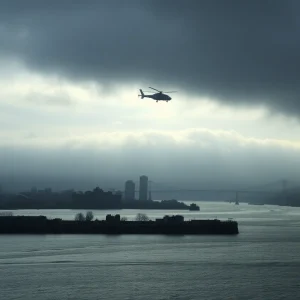 A helicopter silhouette over the Hudson River representing a tragic accident.