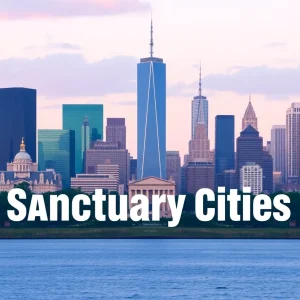 Illustration of a city skyline representing sanctuary cities and community trust.