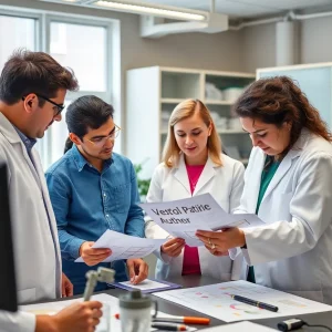 Scientists collaborating on autism research in a lab setting