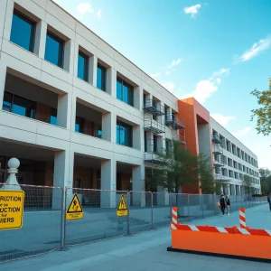 Shirley Hall at West Texas A&M University with construction signs and students around.