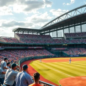 Fans celebrating a Texas A&M baseball victory in the stadium