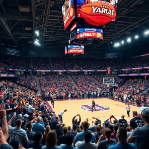 Enthusiastic fans cheering in a packed college basketball arena