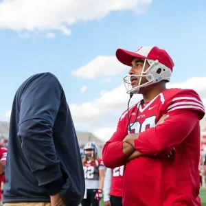 Athletes interacting during a college football recruitment event in a stadium