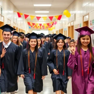Graduation parade with seniors in caps and gowns celebrating at their elementary school