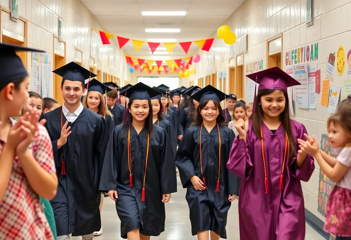 Graduation parade with seniors in caps and gowns celebrating at their elementary school