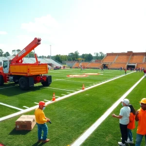 Construction workers renovating high school stadium