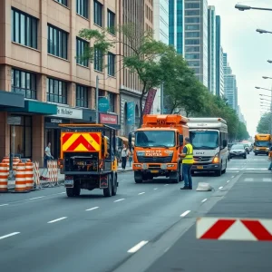 Construction and maintenance work on a city street in College Station