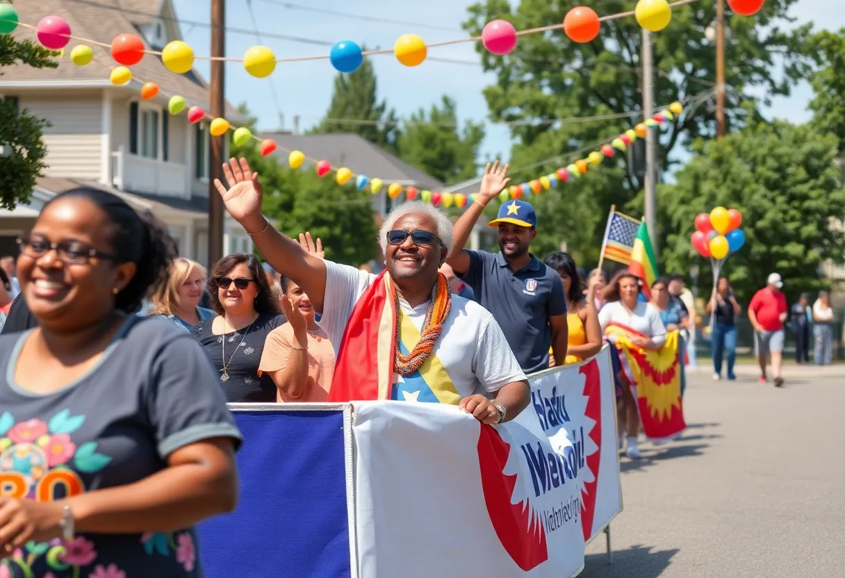 Community members participating in a parade honoring a veteran